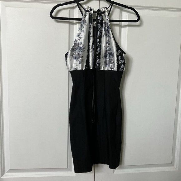 Y2K GLAM Halter Mini Dress Womens S Gray Stripe Black Floral 2000s Vintage - Picture 4 of 9